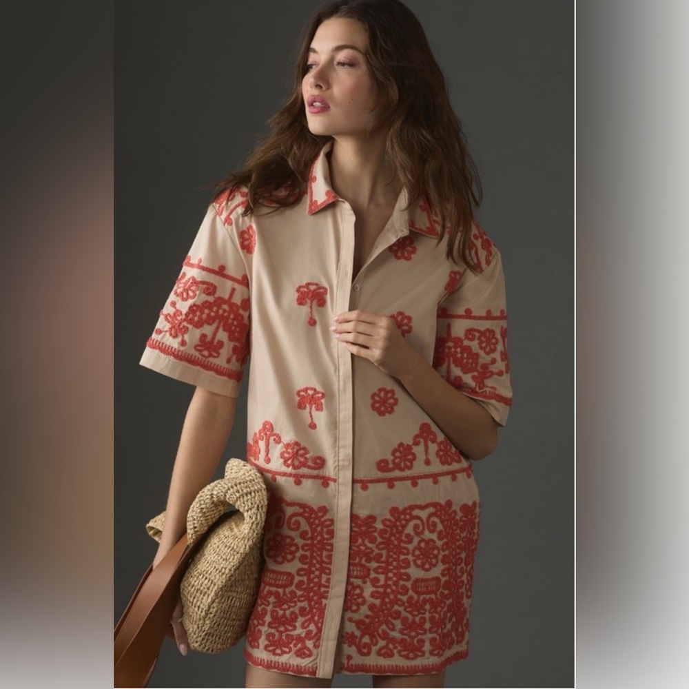 Maeve Anthropologie Embroidered Shirt Dress Utility Safari Style Tan Coral Large - Picture 2 of 15